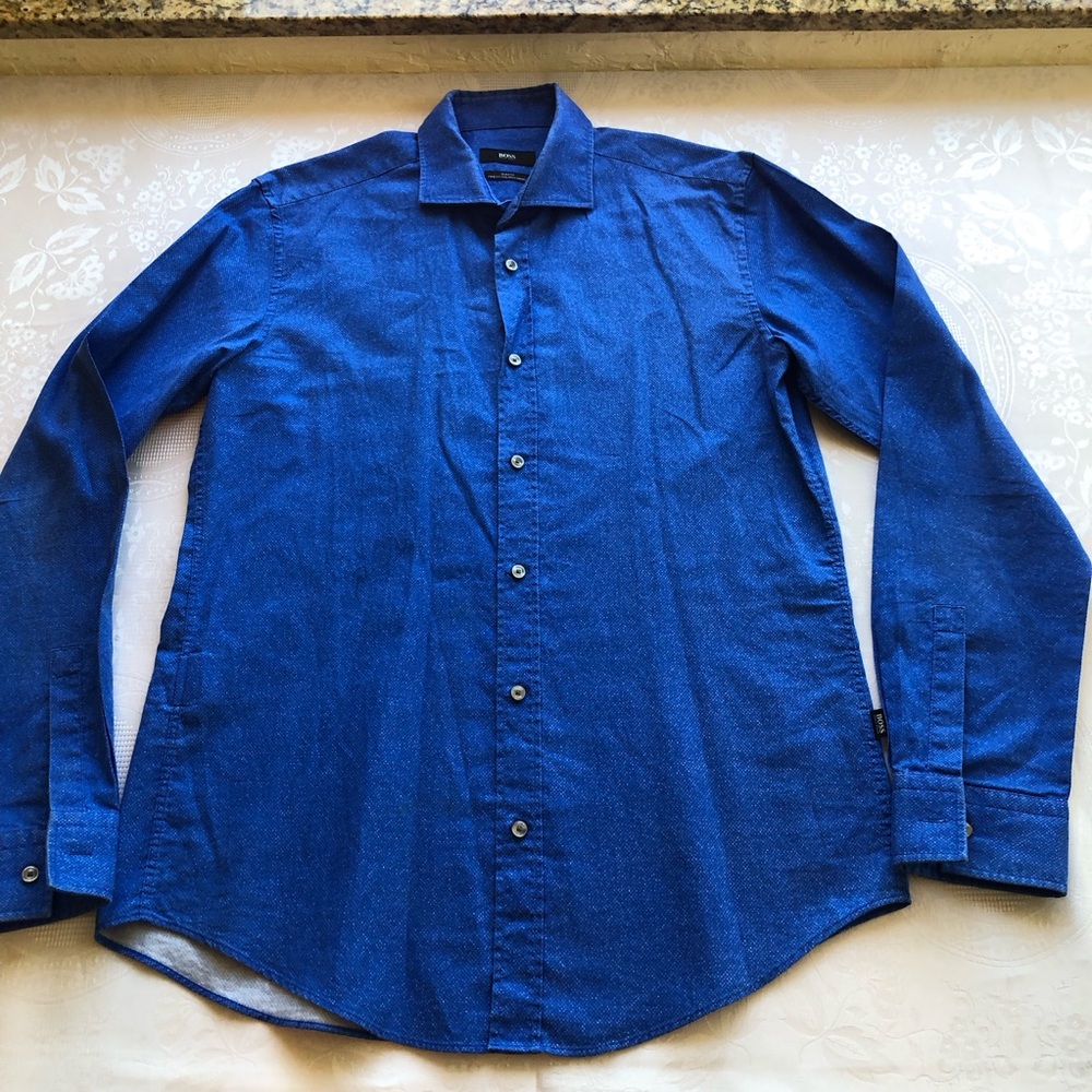Boss Hugo Boss RIDLEY Blue Dress Shirt Button-Down Slim-Fit Men’s Size M Dots